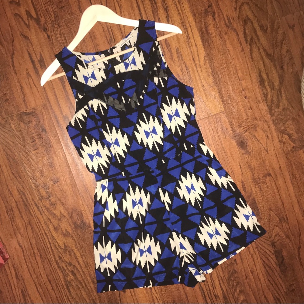 Romper Shorts New Geometric Blue Black Mesh Cutout